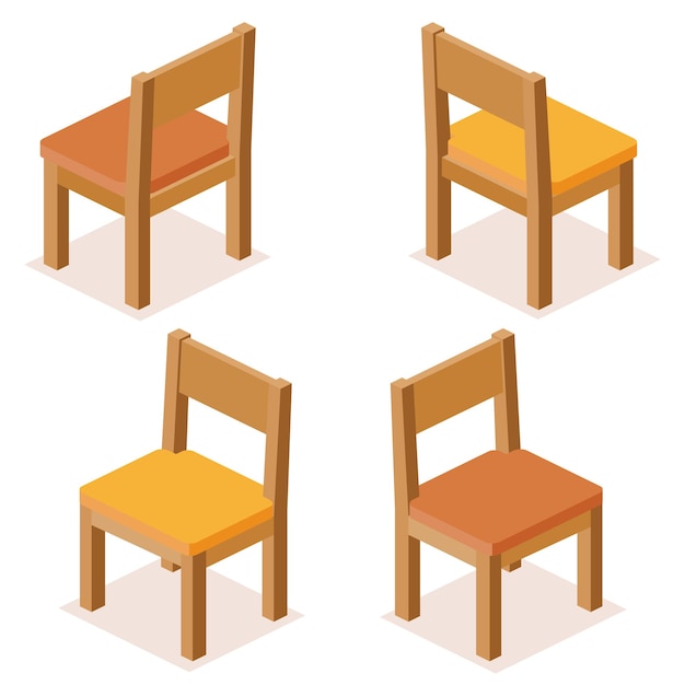 Set di quattro sedie in legno isometriche con un sedile morbido a cuscino marrone arancione mostrato da diverse angolazioni Design d'interno concetto di gioco risorse visualizzazioni architettoniche e materiali educativi