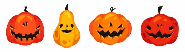 Set di quattro zucche di Halloween raccapriccianti in stile cartone animato