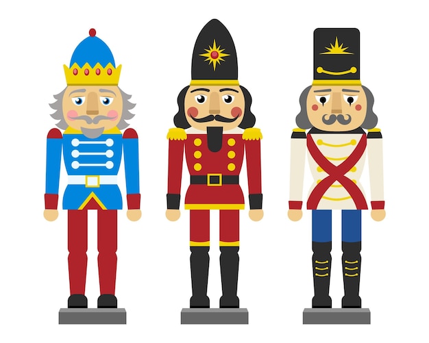 Set di raccolta di illustrazioni vettoriali figurine tradizionali del soldato giocattolo schiaccianoci di natale isolate su sfondo bianco