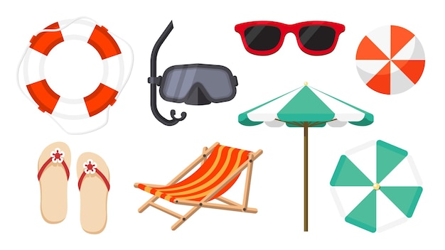 Set di raccolta di oggetti per le vacanze estive ombrellone reclinabile sedia da spiaggia occhiali da sole maschera subacquea infradito anello di gomma