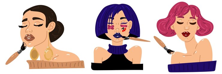 Vettore set di ragazze al truccatore pennelli per applicare il trucco illustrazione concettuale in stile cartone animato