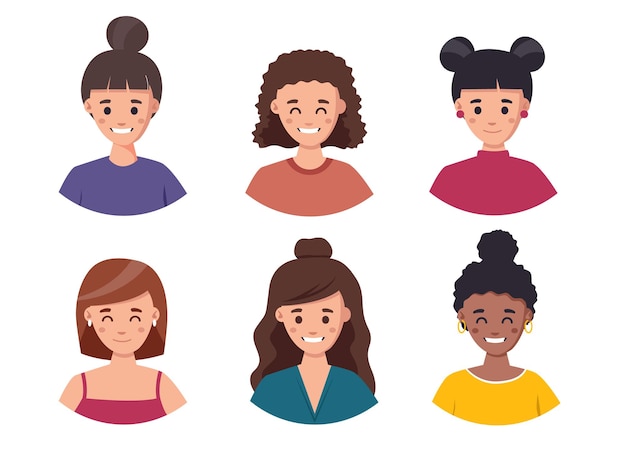 Set di ragazze carine con diverse acconciature e collezione di avatar faccia illustrazione colore dei capelli