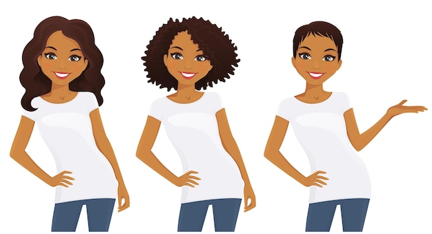 Set di ragazze carine con diverse acconciature in magliette bianche