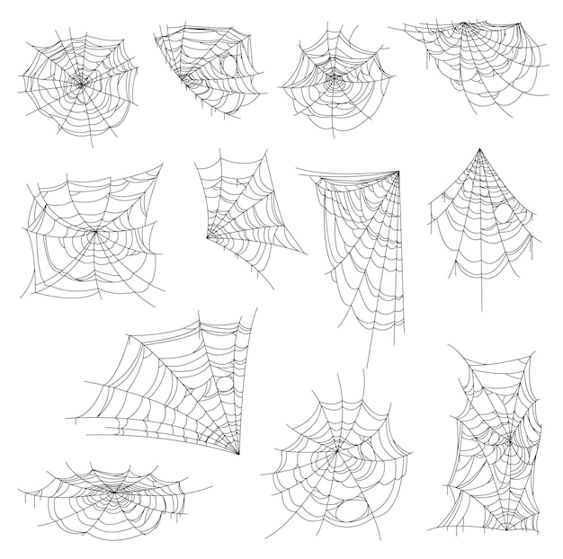 Set di ragnatela, ragnatela e ragnatela di Halloween. Reti di ragno vettoriali isolate, reti rotonde, angolari e a mezza forma. Elementi di design spettrali e spaventosi per la decorazione di biglietti di auguri, decorazioni monocromatiche per trappole di insetti