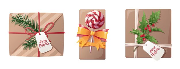 Set di regali colorati decorati con fiocchi ramo di abete rosso agrifoglio e caramelle Decorazioni natalizie Icone adesivi scatola vacanze illustrazioni