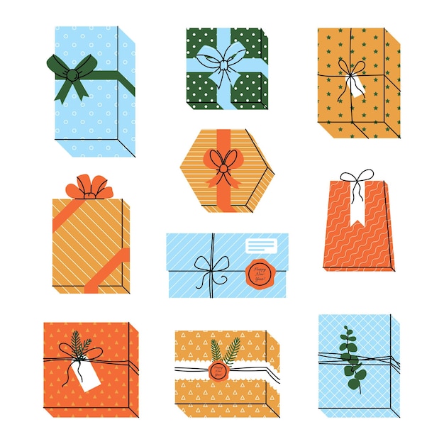Set di regali e regali a Natale o durante le vacanze. Illustrazione vettoriale isolato su sfondo bianco