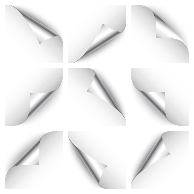 Set di riccioli di carta d'argento angolo di pagina arrotolato con foglio bianco ombra di carta colorato foglio lucido