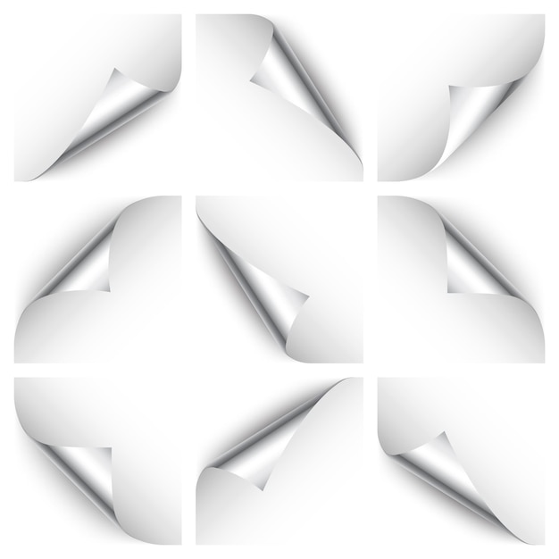 Set di riccioli di carta d'argento angolo di pagina arrotolato con ombra foglio bianco di carta colorato foglio lucido