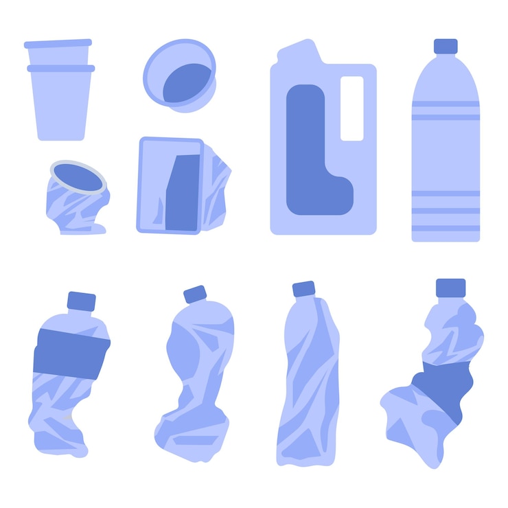 Vettore set di rifiuti in plastica. bottiglie e bicchieri isolati su sfondo bianco. illustrazione vettoriale in stile piatto.