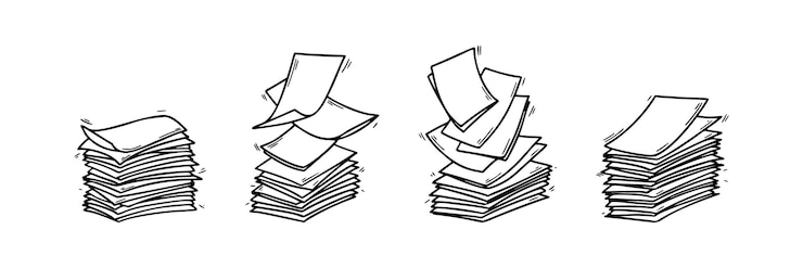 Vettore set di risme di pagine di carta line art fogli bianchi doodle disegnato a mano