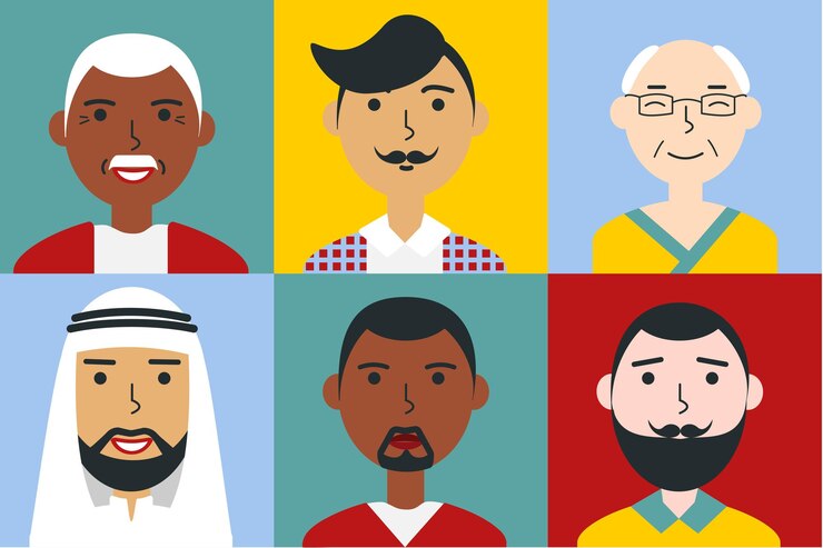 Vettore set di ritratti di uomini piatti giovani e anziani etnia araba asiatica africana le persone affrontano avatar