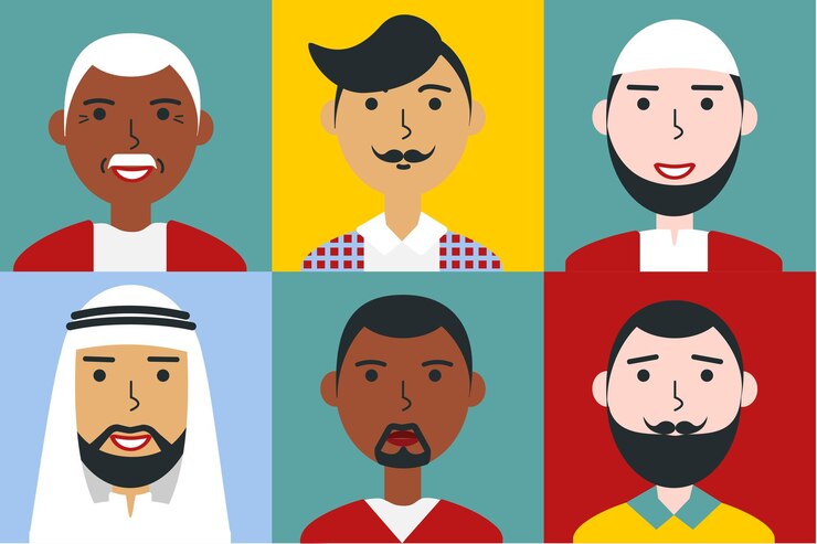 Vettore set di ritratti di uomini piatti giovani e anziani etnia araba asiatica africana le persone affrontano avatar