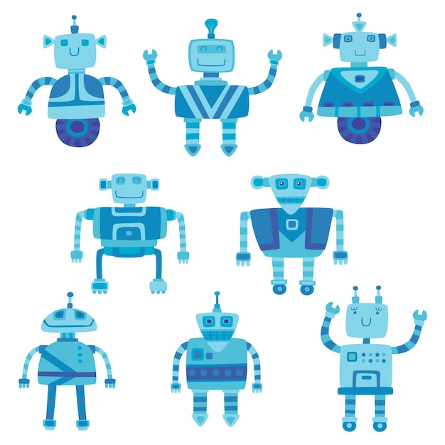 Set di robot carino di colore diverso isolato su bianco.
