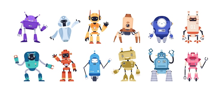 Vettore set di robot infantili del fumetto divertente felice onda mano, dire ciao. cyborg per bambini carini, robot moderni retrò e futuristici, androidi, personaggi sorridenti in un'illustrazione vettoriale piatta isolata su sfondo bianco.