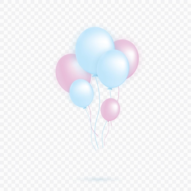 Set di rosa, blu trasparente con palloncino di elio di coriandoli isolato nell'aria. Decorazioni per feste per compleanni, anniversari, celebrazioni, matrimoni. vettore.