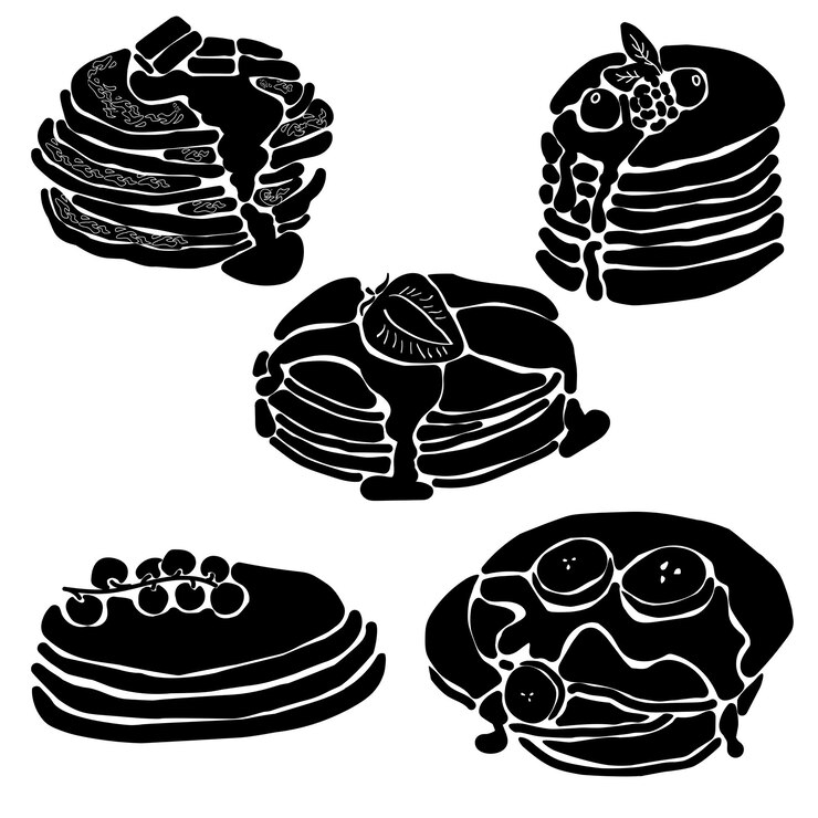 Set di sagome di frittelle con sciroppo e varie opzioni di frutta per logo o menu che riempiono pasticcini dolci per la colazione