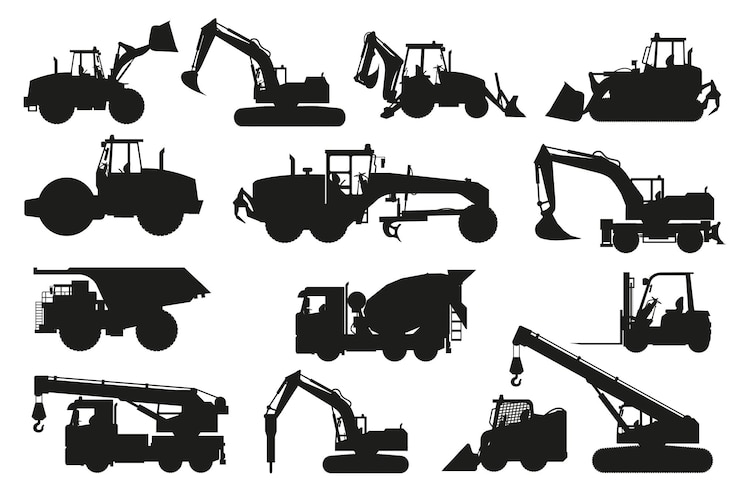 Vettore set di sagome di macchinari pesanti di autobetoniera, escavatore a cucchiaia rovescia e bulldozer per la costruzione e le miniere