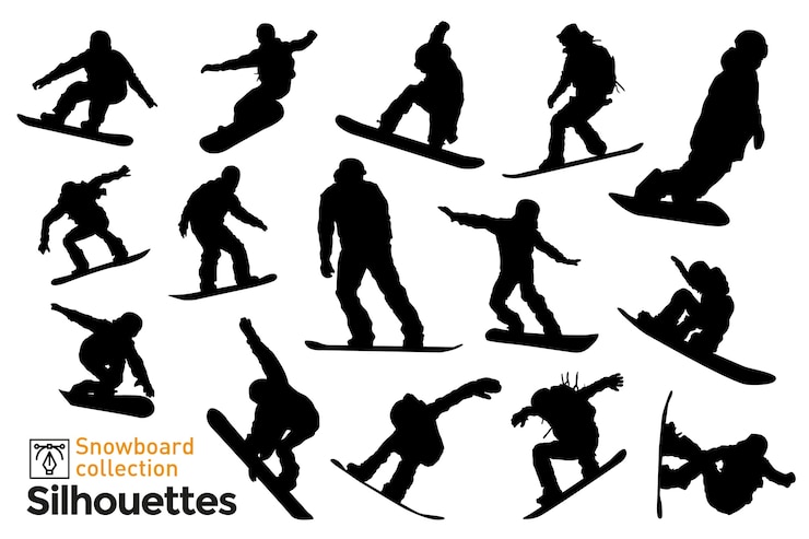 Vettore set di sagome di snowboarder. sagome di persone che praticano sport invernali.