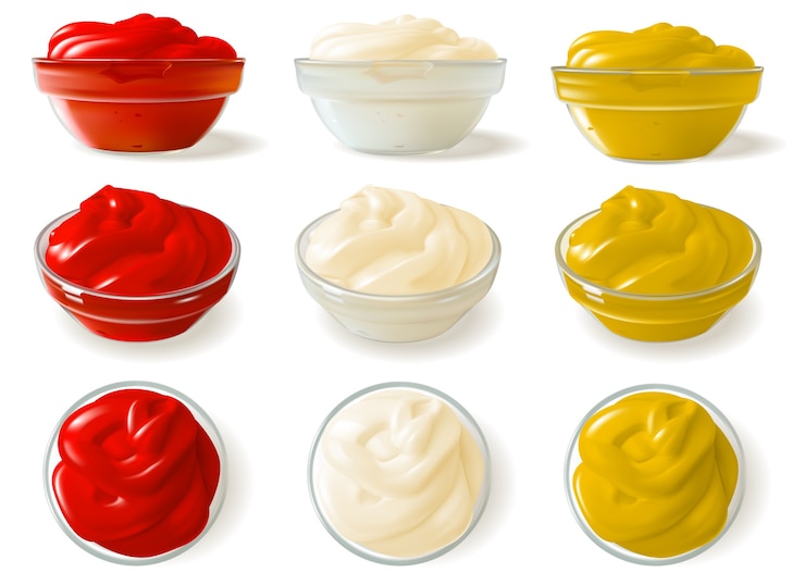 Set di salse realistiche. Una serie di salse realistiche in ciotole di vetro con diverse angolazioni. Ketchup, maionese e senape.