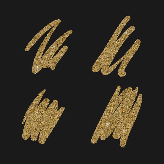 Set di sbavature di vernice oro vettoriale. Elementi di scintillio isolati su priorità bassa nera. Spazzola lucida astratta str