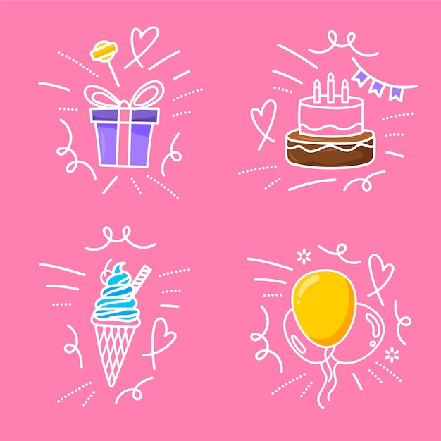 Set di scarabocchi di compleanno disegnati a mano