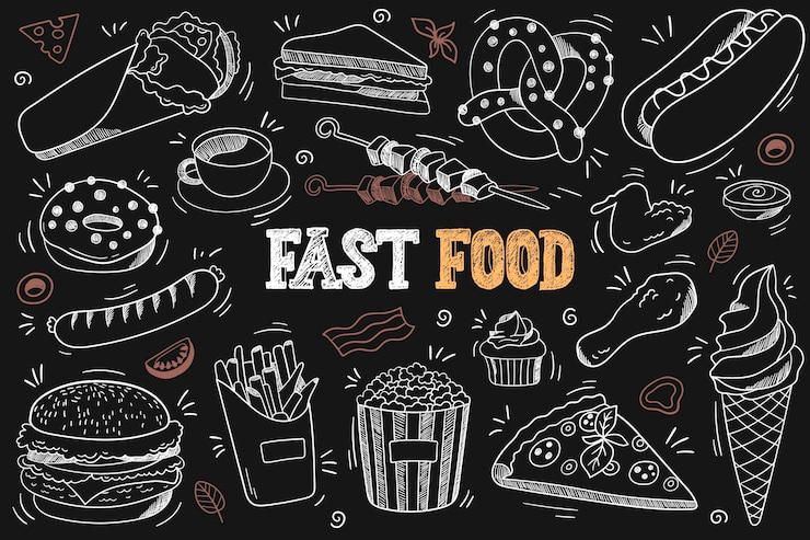 Vettore set di scarabocchi di fast food sulla lavagna ciambelle di hamburger cosce di pollo gelato pizza ecc