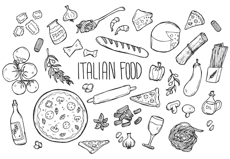 Vettore set di scarabocchi disegnati a mano grezzi semplici schizzi di cibo della cucina italiana isolati su sfondo bianco