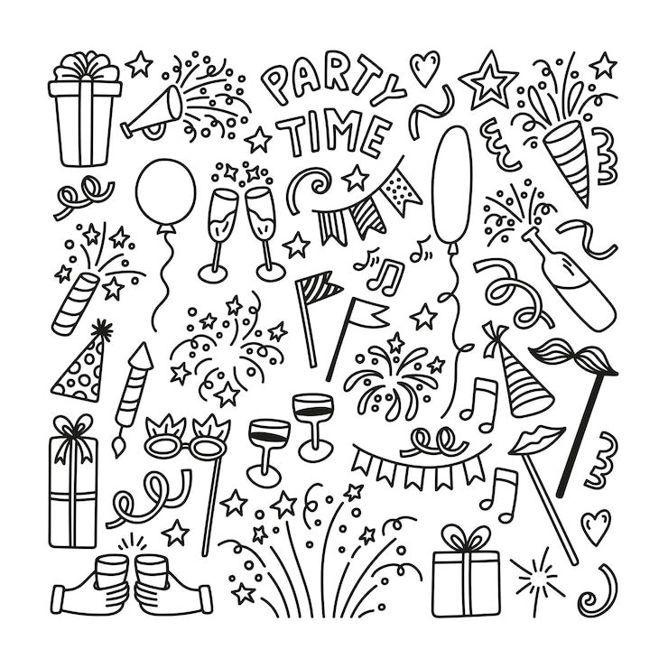 Vettore set di scarabocchi per feste disegnati a mano con fuochi d'artificio, confetti, regali, bicchieri, palloncini.