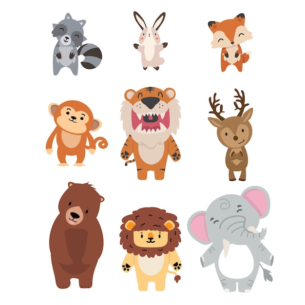 Set di scarabocchi piatti degli animali della foresta