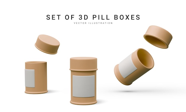 Set di scatola pillola realistica 3d isolata su sfondo bianco Illustrazione vettoriale