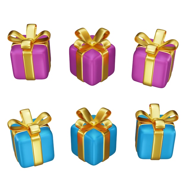 Set di scatole regalo con fiocco dorato su sfondo bianco isolato la decorazione presenta una scatola a sorpresa
