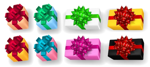 Set di scatole regalo multicolori con nastri, fiocchi e ombre