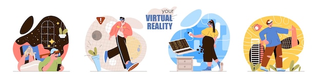 Set di scene concettuali di realtà virtuale Uomini e donne che indossano occhiali VR giocano ai videogiochi esplorano pianeti escursioni Raccolta di attività di persone
