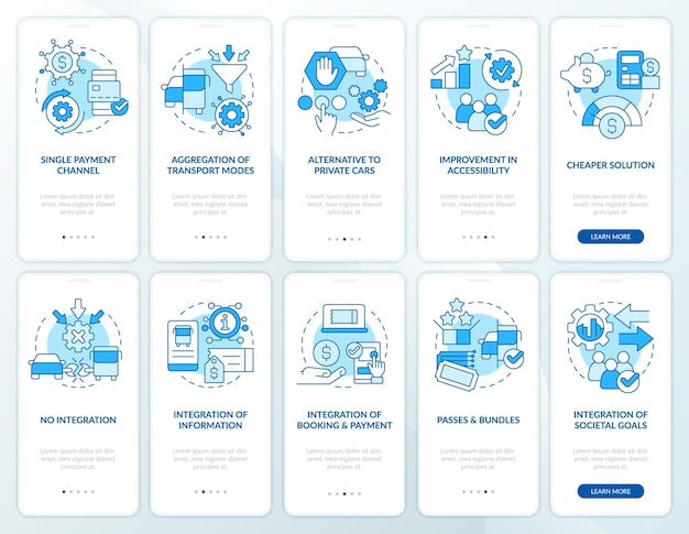 Set di schermate dell'app mobile per l'onboarding blu dei servizi di mobilità
