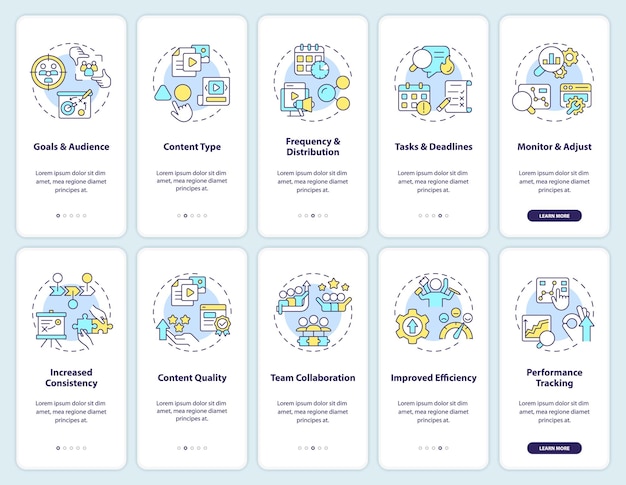 Set di schermate dell'app mobile per l'onboarding del calendario editoriale