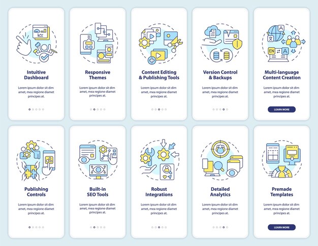 Set di schermate dell'app mobile per l'onboarding del sistema di gestione dei contenuti