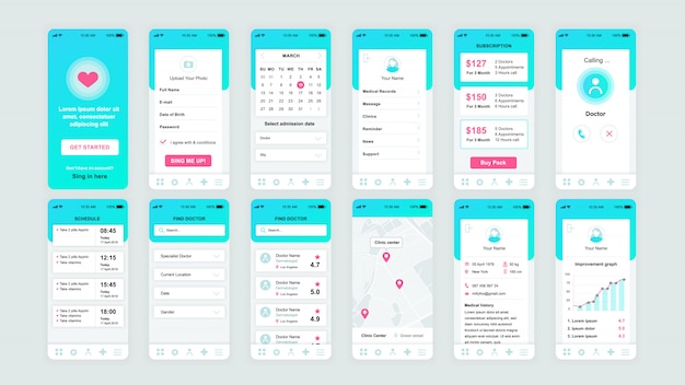 Set di schermate dell'interfaccia utente, UX, GUI Modello piatto dell'app di medicina