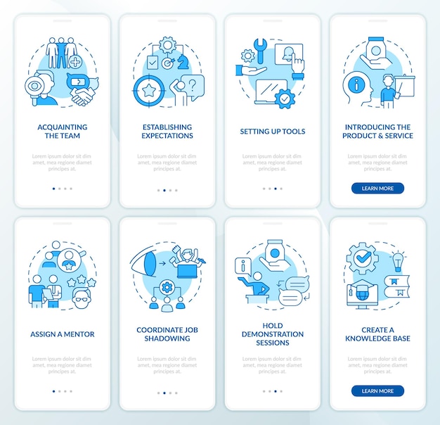 Set di schermate delle app mobili per l'onboarding blu per la formazione dei dipendenti