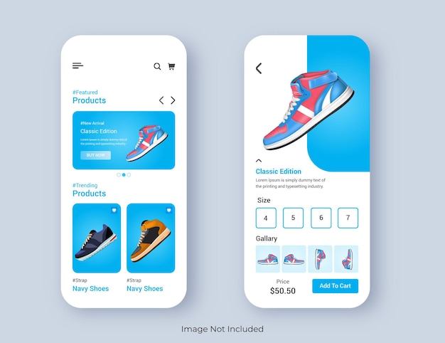 Set di schermate home e prodotto UI, UX e GUI. Schermata per la schermata delle app di vendita di scarpe