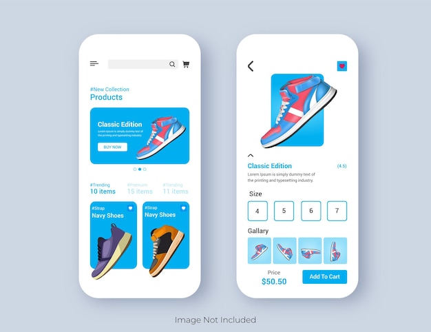 Set di schermate home e prodotto UI, UX e GUI. Schermata per la schermata delle app di vendita di scarpe