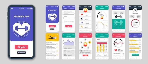 Set di schermi UI UX GUI Fitness app modello di design piatto per applicazioni mobili sito web reattivo