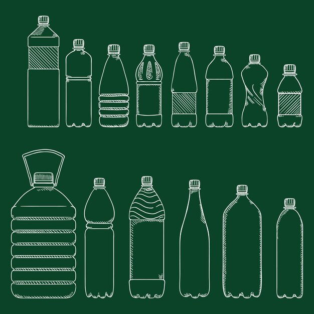 Set di schizzi a gesso vettoriale di bottiglie di plastica vuote per l'acqua