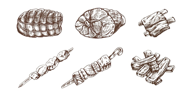 Vettore set di schizzi disegnati a mano di pezzi di carne costole prosciutto carne di maiale kebab carne secca prodotti a base di carne fresca