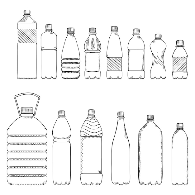 Set di schizzi vettoriali di bottiglie di plastica vuote per l'acqua