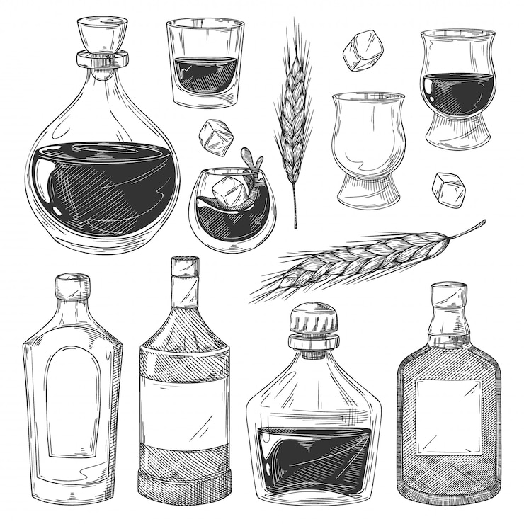 Vettore set di schizzo di bottiglie di whisky. bicchieri di whisky scozzese, bottiglie con etichette vuote, cubetti di ghiaccio, collezione di icone di orecchie d'orzo. illustrazione di bevande alcoliche vintage