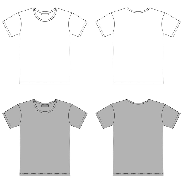 Set di schizzo di contorno maglietta vuota. Progettazione CAD di magliette di abbigliamento. Illustrazione di moda tecnica isolata. Vettore anteriore e posteriore. Nero e grigio. Modello di prova.