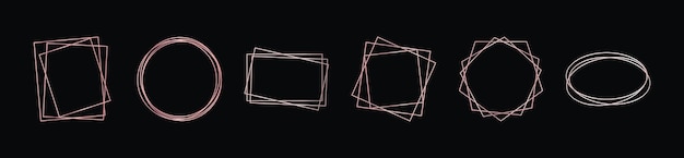 Set di sei cornici poligonali geometriche in oro rosa con effetti luminosi isolati su sfondo scuro Sfondo vuoto art deco luminoso Illustrazione vettoriale