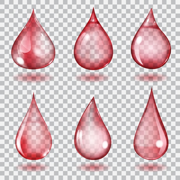 Set di sei gocce trasparenti di diverse forme nei colori rosso