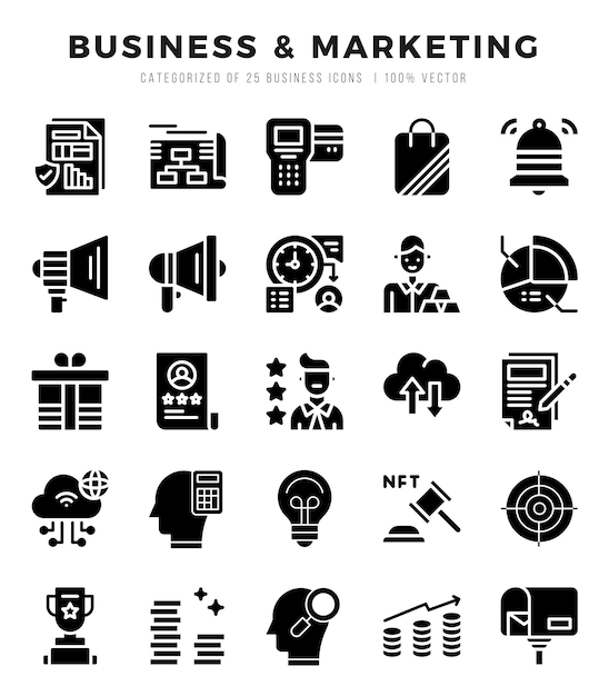 Set di semplici icone di marketing aziendale Glyph Glyph art icone pack