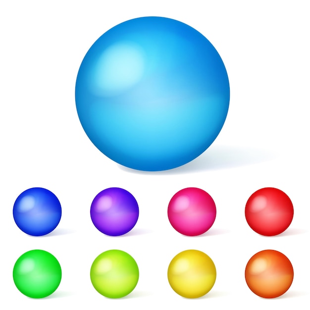 Set di sfere multicolori con ombre su sfondo bianco